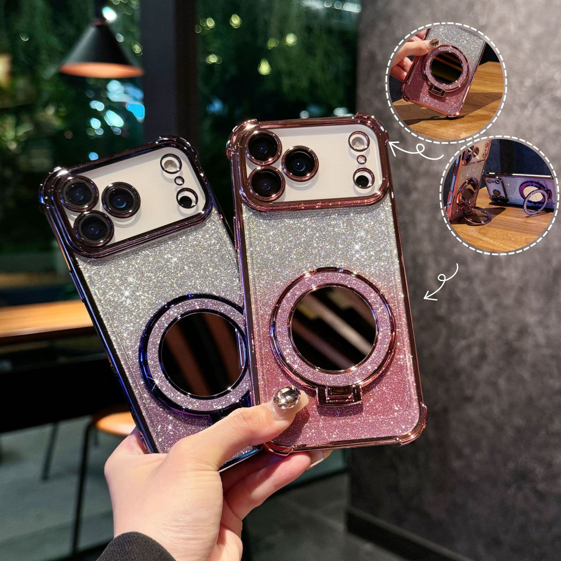 Coque de téléphone à support magnétique avec miroir pailleté