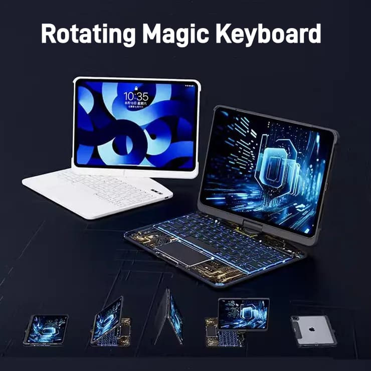 Étui clavier transparent pivotant à 360° pour iPad avec pavé tactile intelligent, clavier compatible Bluetooth et emplacement pour stylet